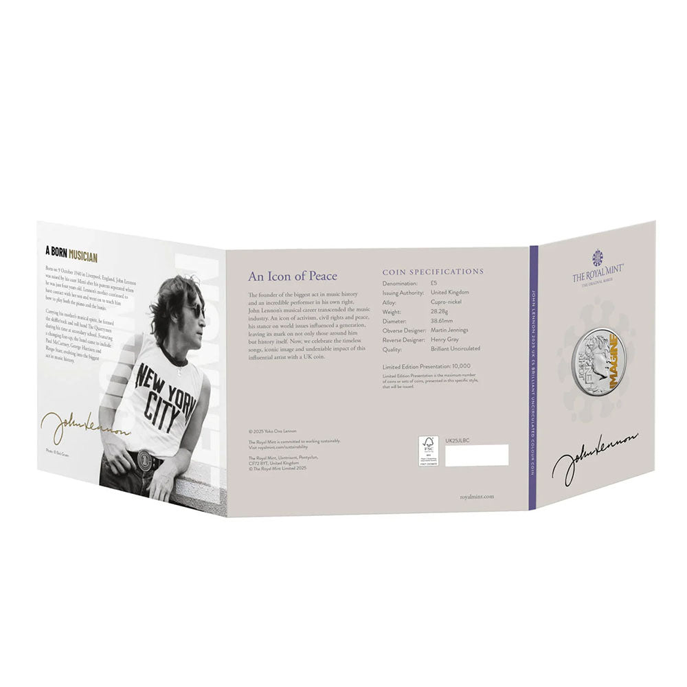 JOHN LENNON ジョンレノン (生誕 85年 ) - 2025 UK £5 Brilliant Uncirculated Colour Coin 世界限定10,000 / 英国王立造幣局 / コイン